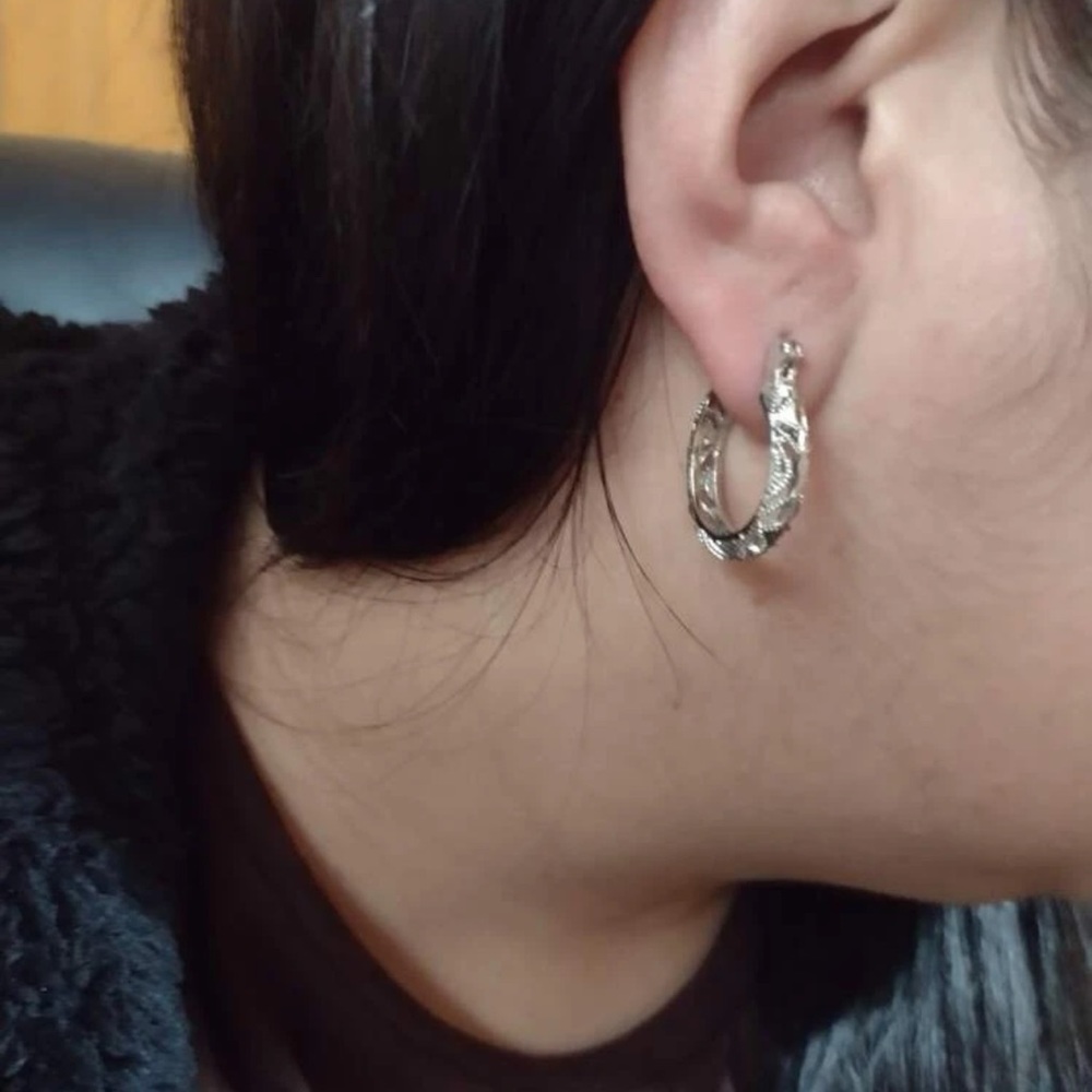 New Sterling Silver Boho Latch Back Diamond Cut Fancy Filigree Hoop Earrings - Picture 9 of 13